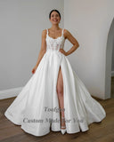 Runhufu A Line Satin Lace Wedding Dresses Appliques Beaded Sequines Split Bridal Dress Women Formal Special Party Bridal Gowns
