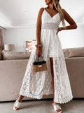 Runhufu Women Spaghetti Straps Long Beach Dress Boho Summer Sleeveless Hollow Out Floral Lace Playsuit Sundress Lady Outfit
