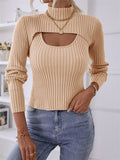 Runhufu Women Knit Two-Piece Sweater Set Autumn Office Lady High Neck Long Sleeve Crop Tops+Ribbed Sling Vest Knitwear Outfit