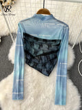 Runhufu Gradient Mesh Sexy Women Top American Style Fashion Letter Long Sleeve Stand Neck Sheer Autumn Thin Sun Proof T Shirt