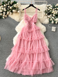 Runhufu Senior Evening Party Dress Strap Sweet Edible Tree Fungus Sleeveless Fashion Large Swing Mesh Birthday Cake Dress