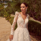 Runhufu Backless V-Neck Lace Wedding Dress A-Line Long Sleeves Tulle Bridal Gown Applique Elegant Button Vestidos De Novia 2024