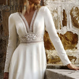 Runhufu Simple Satin Bridal Gowns Deep V-Neck Long Sleeves Wedding Dresses For Women 2023 Lace Appliques A-Line vestidos de noiva