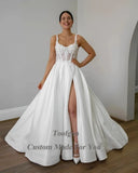 Runhufu A Line Satin Lace Wedding Dresses Appliques Beaded Sequines Split Bridal Dress Women Formal Special Party Bridal Gowns