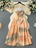 Runhufu Summer Print Chiffon Long Dress Women Halter Elastic A Line Split Sexy Sundress Korean Tie Dye Backless Beach Dress