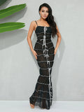 Runhufu Retro Sling Wrap Pleated Long Dress Women's See-Through Bowknot Mesh Sheer Bodycon Dress Party Nightclub Vestidos