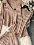 Runhufu Senior Knitted Suits Fashion Metal Button Vest+V Neck Long Sleeves Cardigans+Wide Legs Pants Stripe Three Pieces Sets