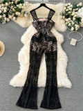 Runhufu Strap Embroidery Long Jumpsuits Fashion Ladies Sleeveless Slim High Quality Transparent Backless Lace Sexy Rompers