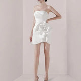 Runhufu Short Wedding Dresses With Big Flower Sexy Strapless Sleeveless Birthday Party Dress Fashion Simple Satin Suknia Slubna