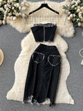 Runhufu Streetwear Cool Y2K Sexy Denim Suits Women Strap Short Tank Top+ Split Bodycon Skirt Fashion Hotsweet Two Pieces Sets