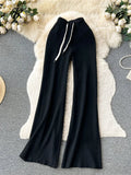 Runhufu Senior Casual Knit Pants High Waist Drawstring Soft Streetwear Autumn Women Solid Fashion Wide Legs Straight Trousers