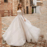 Runhufu Light Champagne Wedding Dress For Bride Long Sleeves Scoop Bride Gowns Tulle A-Line Princess Applique Vestidos De Novia