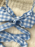 Runhufu Chic Vacation Plaid Two Pieces Suits Bandage Strap Sexy Tops+Elastic Waist Pocket Skirt Fashion Trendy Street Sets