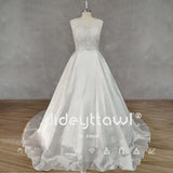 Runhufu Real Picture O-Neck A-Line Appliques Sleeveless Satin Wedding Dress Lace Up Back Court Train Bridal Gown Custom Made