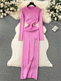 Runhufu Streetwear Knit Split Dress O Neck Long Sleeves Slim Fit France Elegent Ladies Autumn Evening Party Bodycon Long Dress