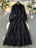 Runhufu French Hotsweet Long Dress Women O Neck Lantern Sleeve Fashion Single Breasted Lace up Design Embroidery Lace Dress