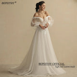 Runhufu Boho Ivory Wedding Dresses For Women 2024 Bride Deep Neck Sexy Full Sleeves A Line Glitter Bridal Gowns Sweep Train New