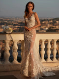 Runhufu Appliques Beads Dress For Bride Sexy Illusion Deep V-neck Wedding Dresses Elegant Mermaid Bridal Gown Robe De Mari¨¦e