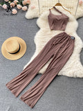 Runhufu Women Irregular Split Summer Set Pocket Slim Elastic Waist Solid Temperament Ladies Wide Leg Long Pants Two Piece Sets