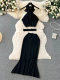 Runhufu Fashion Streetwear Solid Two Pieces Suits Women Halter Short Top+Long Bodycon Skirt Summer Backless Elastic Beach Suit