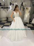 Runhufu Trendy Sleeveless Wedding Dresses A Line V Neck Appliques Tulle Sleeveless Chapel Train Robe De Soire De Mariage