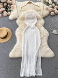 Runhufu Sexy Backless Knitted Dress Women Halter Sleeveless Hollow Out Split Sundress Korean Vacation Knit Beach Long Dress