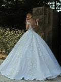 Runhufu Ball Gown Wedding Dresses Off Shoulder Cap Sleeves Beads Applique Backless Long Illusion Said Plus Size Bridal Gowns