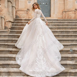 Runhufu Light Champagne Wedding Dress For Bride Long Sleeves Scoop Bride Gowns Tulle A-Line Princess Applique Vestidos De Novia