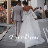 Runhufu Bohemian Sweetheart Wedding Dress With Detachable Sleeve Lace Up Beach Backless Bride Gowns Appliques Train Robe de mariée