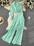Runhufu Spring Fashion OL Two Pieces Suits Lapel Neck Blouse+Pocket Wide Leg Long Pant 2024 Women Streetwear Retro Casual Sets