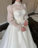 Runhufu High Collar Elegant A Line Wedding Dress Lace Puff Long Sleeves High Neck Korea Wedding Bridal Gowns Robe de mariage