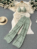 Runhufu Women Summer Design Knitted Set Sexy Backless Halter Short Tops+Chic Hollow Knitted Wide Leg Long Pants Two Piece Suit