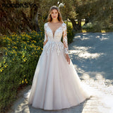 Runhufu Princess Light Champagne Wedding Dresses Long Sleeves Backless A-Line Bride Gowns Applique Tulle vestidos de novia