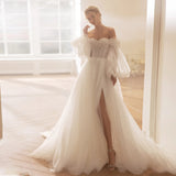 Runhufu Fancy Lantern Sleeves Wedding Dresses for Women Sweetheart High Slit Tulle Appliques A Line Sweep Train Personalised