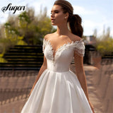 Runhufu Wedding Dress A Line Bead Lace Appliques Bride Dress Illusion Back Party Dress Long Train Wedding Gowns vestido novia