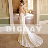 Runhufu Mermaid Wedding Dresses Women Open Back Square Collar Spaghetti Straps Satin Bridal Gowns Sweep Train Vestidos De Noiva