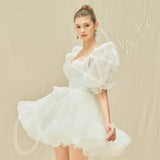 Runhufu Princess Wedding Dresses Tulle Short Mini Bridal Ball Gowns Puff Sleeves A-Line Ruffle Bride Robes Vestidos De Novia