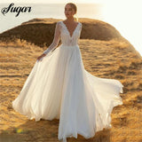 Runhufu Line Chiffon Wedding Dress Long Sleeves Sexy V Neck lace Bride Dress Boho Wedding Gown PluS Size Simple Wedding Dress