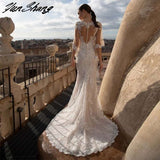 Runhufu Flare Sleeves V-Neck Wedding Dress For Bride 2023 Sexy Lace Appliques Bride Gown Illusion Button Vestidos De Noiva