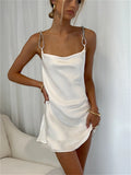 Runhufu Glitters Straps Tie Up Backless White Dress Women Summer Sleeveless Suspender Short Party Club Dresses New Gown Vestidos