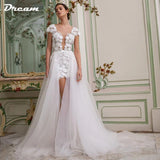 Runhufu 3D Flowers Lace Detachable Train Mini Short Wedding Dress V Neck Backless Cap Sleeves High Low Bridal Gown Above Knee