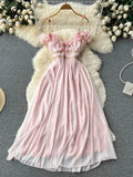 Runhufu Ruffles Sexy Women Beach Dress Summer 2024 Flower Slim Backless V Neck Zipper Vacation Ladies A Line Long Dresses