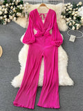 Runhufu France Chic Women Jumpsuits Deep V Neck Long Sleeves Backless Kink Design Solid Autumn Fashion Senior Loose Rompers