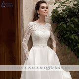 Runhufu NICEB Wedding Dress With Pockets O-Neck Lace Vestidos De Noiva Mariage Satin Sweep Train Wedding Gowns For Bridal Elegant