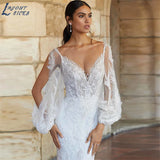 Runhufu NICEB Sexy Mermaid Wedding Dress For Women 2024 V-Neck Open Back Puff Sleeves Gowns Lace Appliques Tulle Boho Robe Mari¨¦e