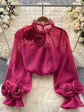 Runhufu Ruffles Sweet Sheer Blouse O Neck Long Sleeves 3D Floral Loose Top Korean Style Streetwear Vintage OL Casual Shirt