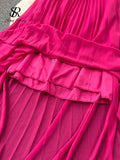 Runhufu Summer Sexy A Line Dress Deep V Neck Sling Cross Ruffles Backless Pleated Solid Women Elegant Evening Party Long Dress