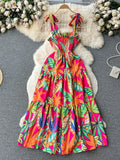 Runhufu Summer Vacation Spaghetti Strap Long Dress Women Sleeveless Ruched Elastic Backless Dress Floral Print Beach Sundress
