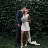 Runhufu Short Mini Satin V Neck Bridal Gown Large Bow Open Back Sleeveless Above Knee Length Wedding Party Dress
