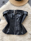 Runhufu Strapless PU Leather Mini Tops for Women Chic Backless Tank with Zipper Belt Slim Design Club Fashion Sexy Camisole